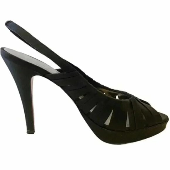 Le Chateau High Heel Slingback Sandals Black Satin Cut Out Peep Toe Size 7 - Picture 8 of 13